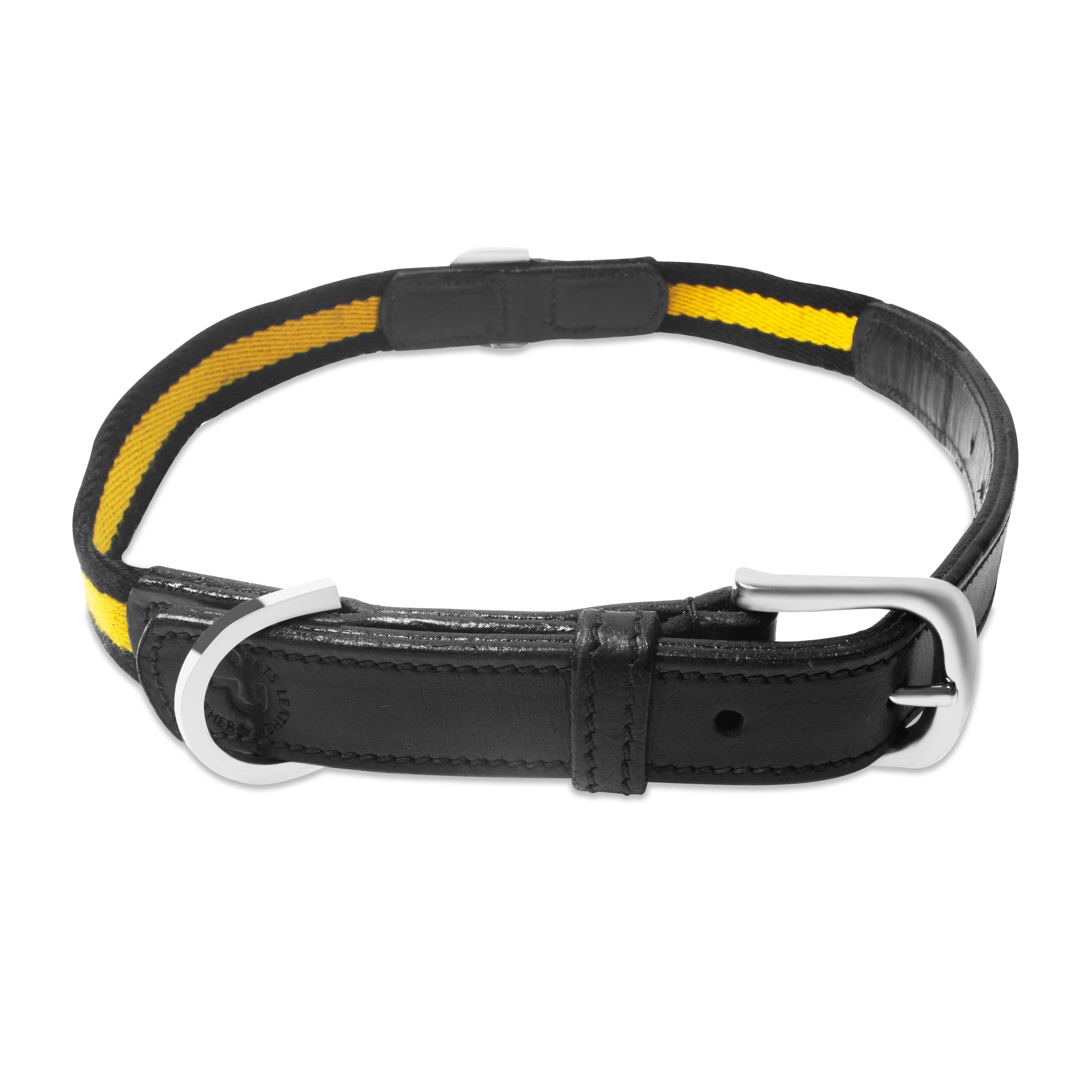 Black leather dog collar with yellow stripes and a silver buckle on a white background