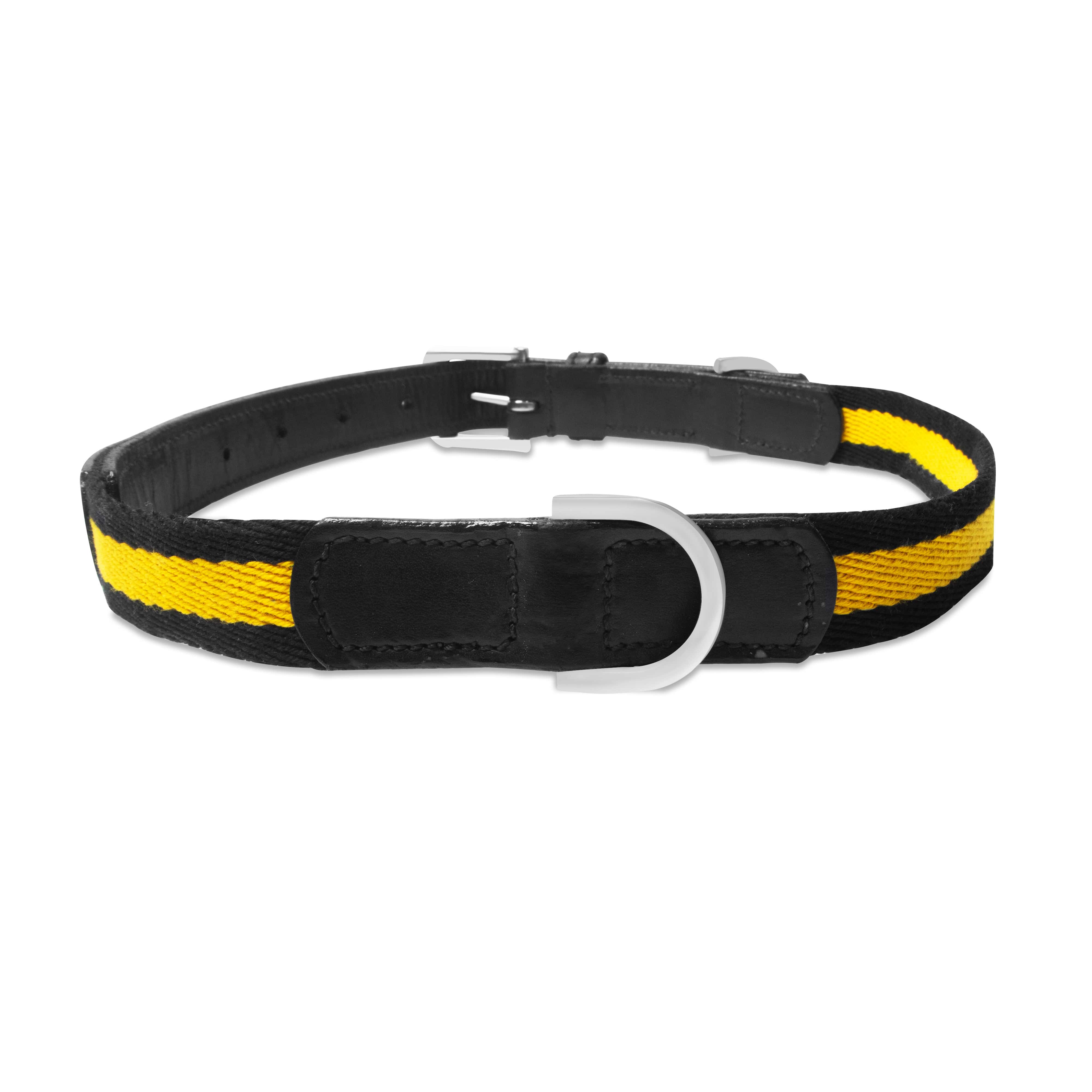 Black dog collar with yellow stripes on a white background