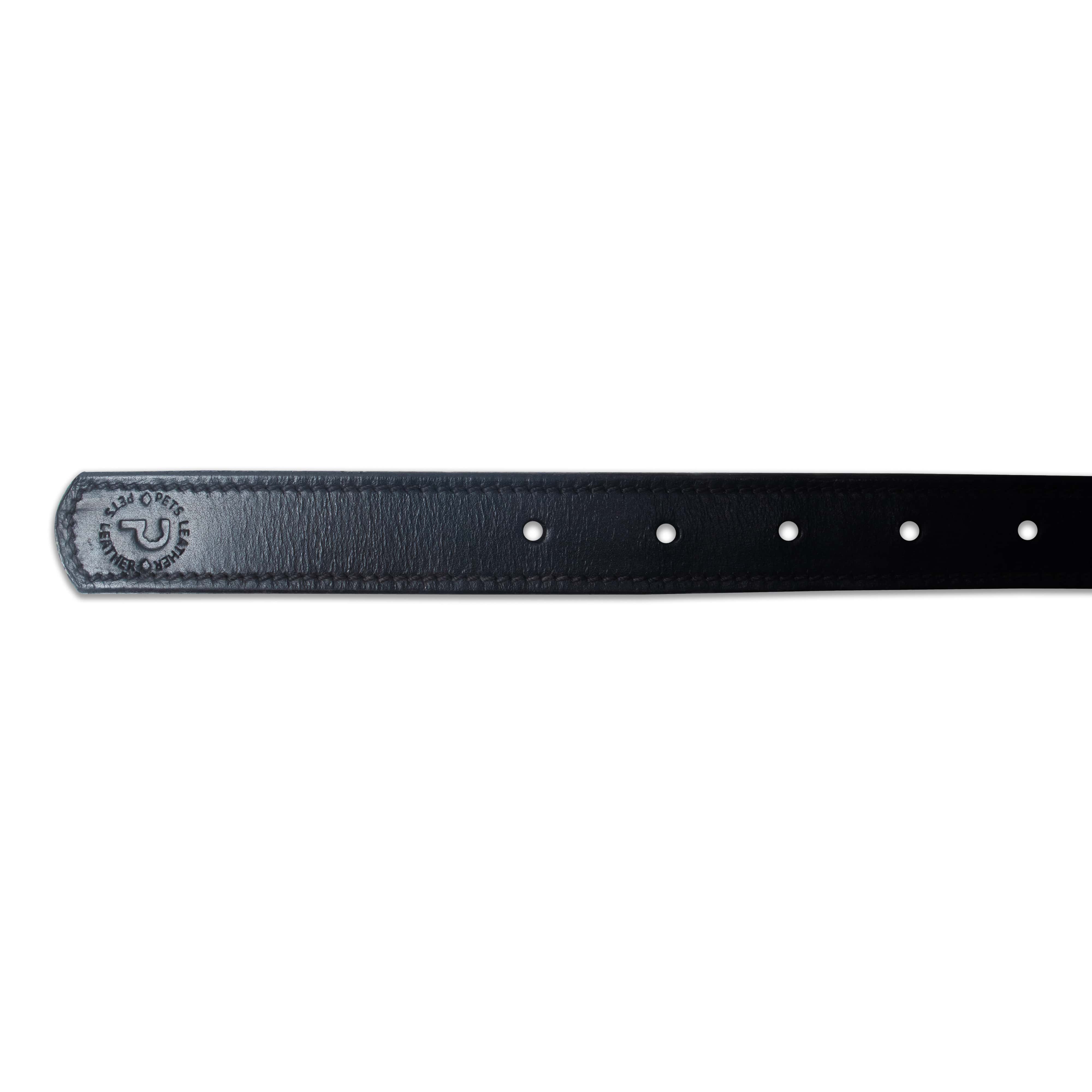 Black leather belt with silver buckle on a white background