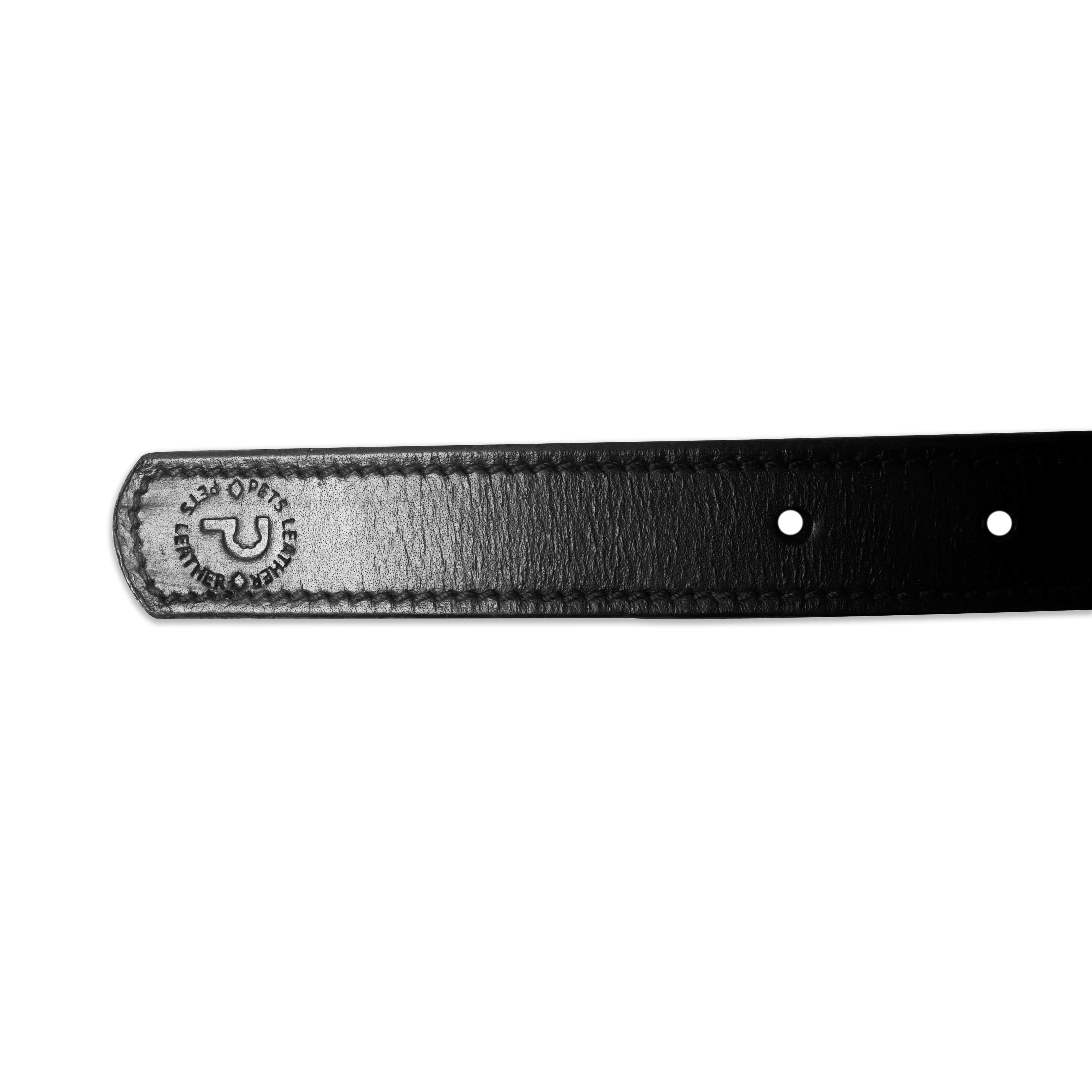 Black leather belt with a visible brand logo on a white background