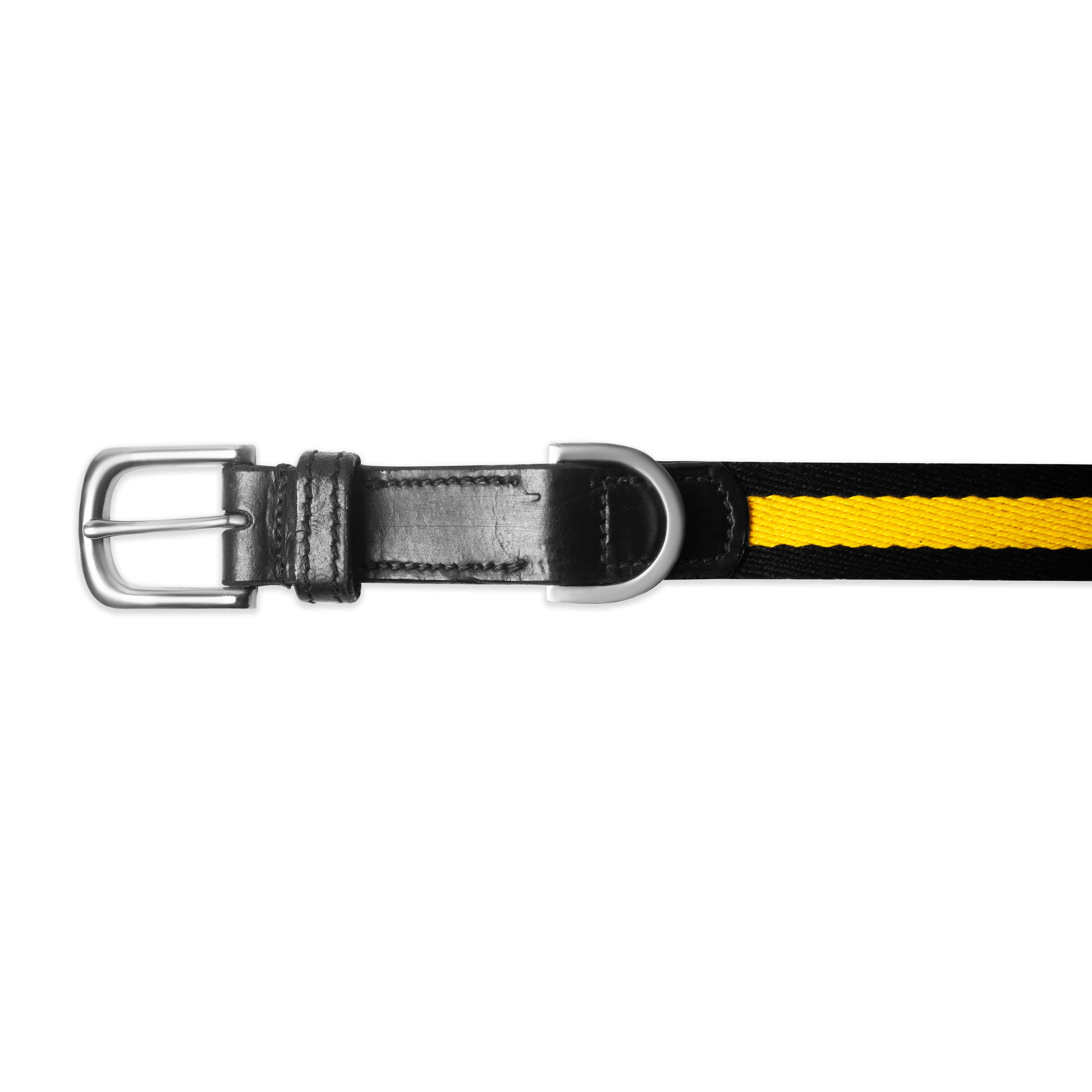 Black belt with a yellow stripe on a white background