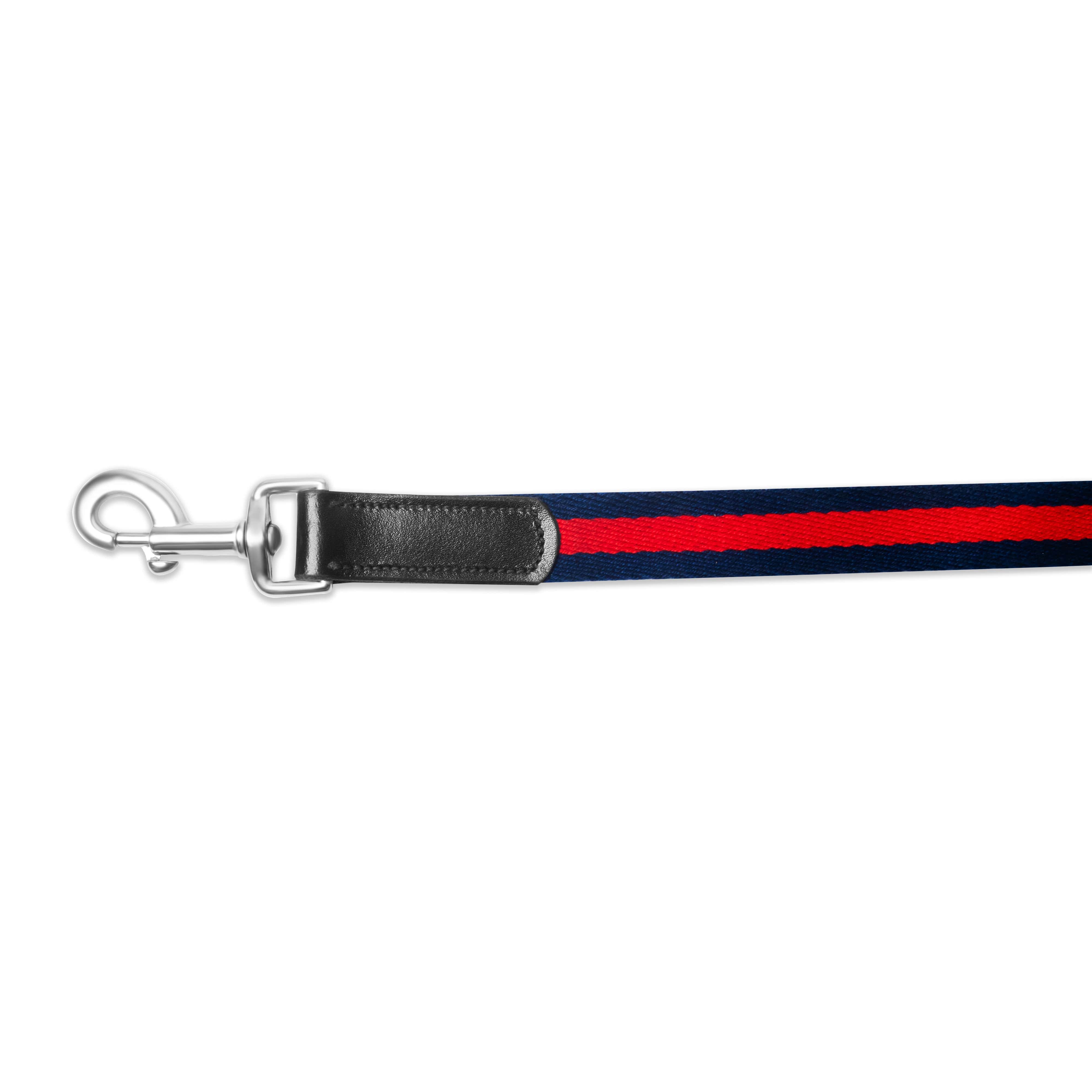 Dog leash with black strap and red stripe on a white background