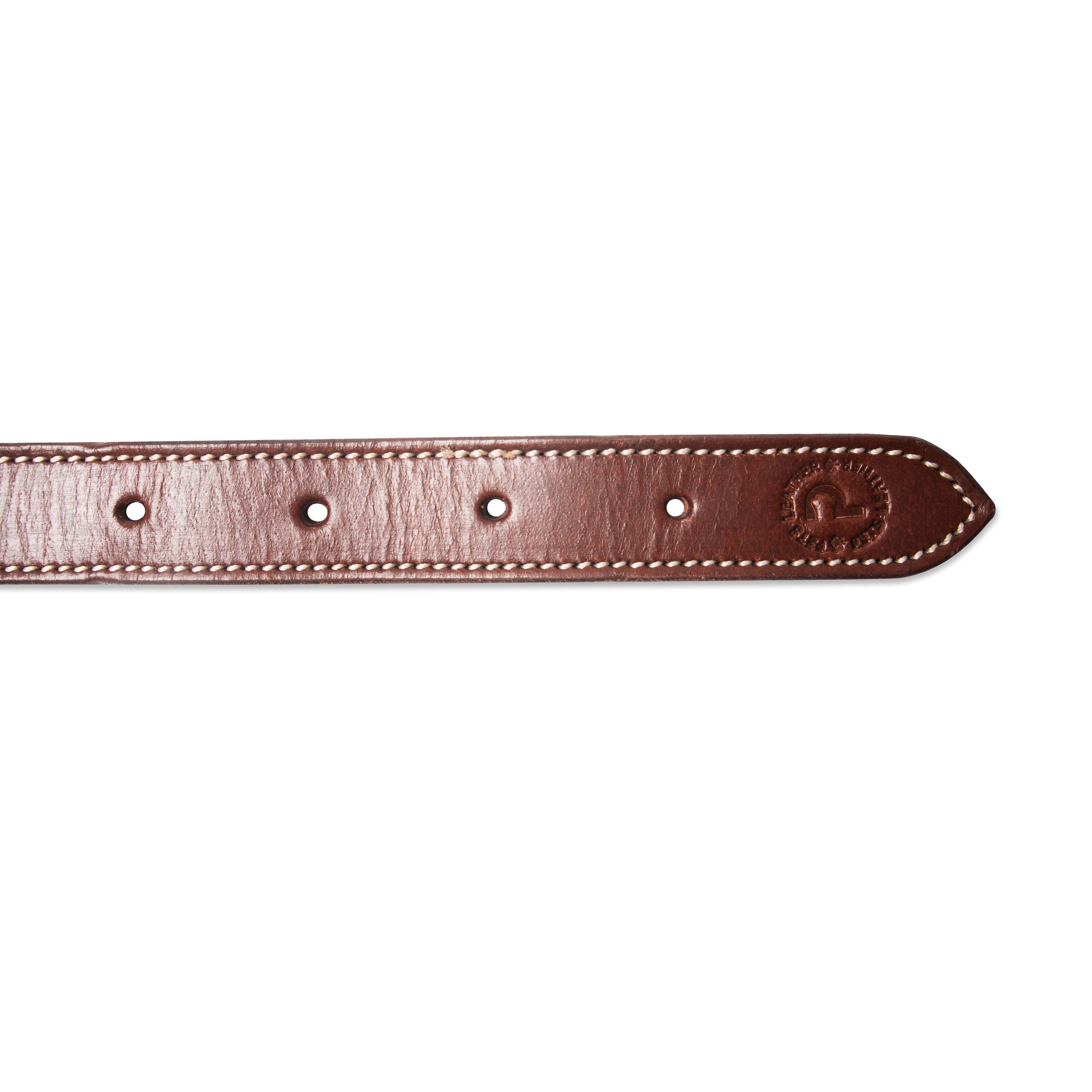 Brown leather belt with stitching detail on a white background