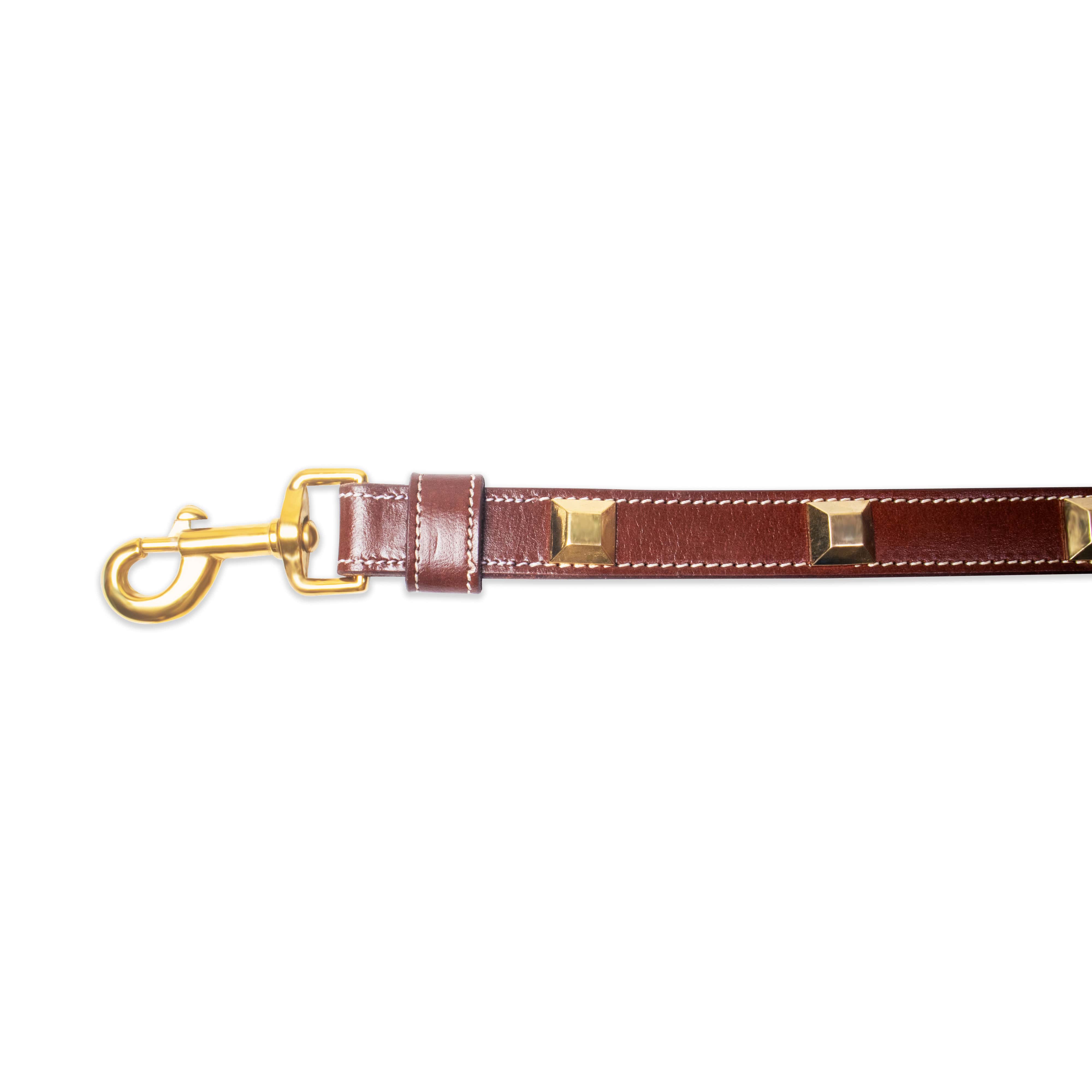 Brown leather strap with gold hardware on a white background