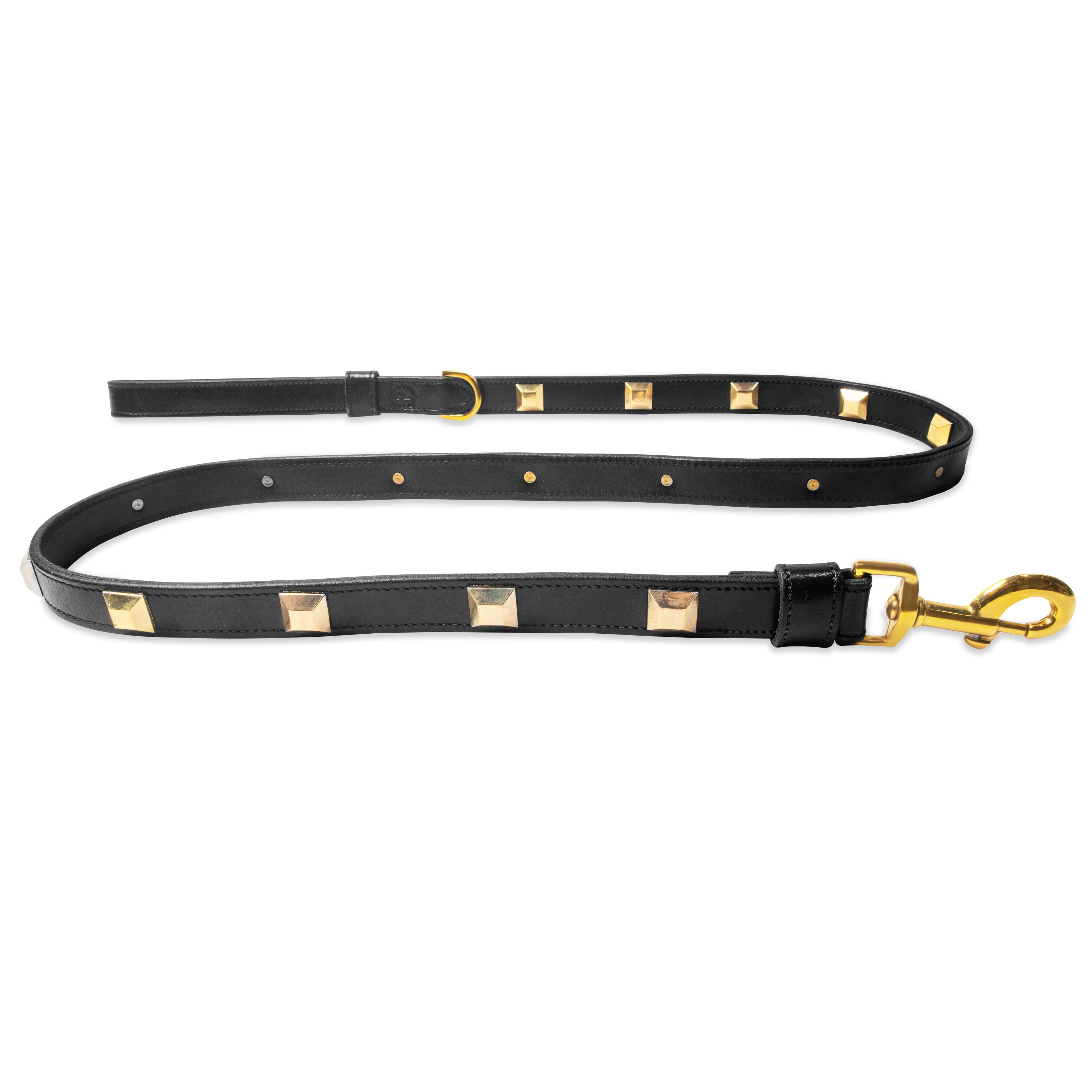 Black dog leash with gold studs and clip on a white background