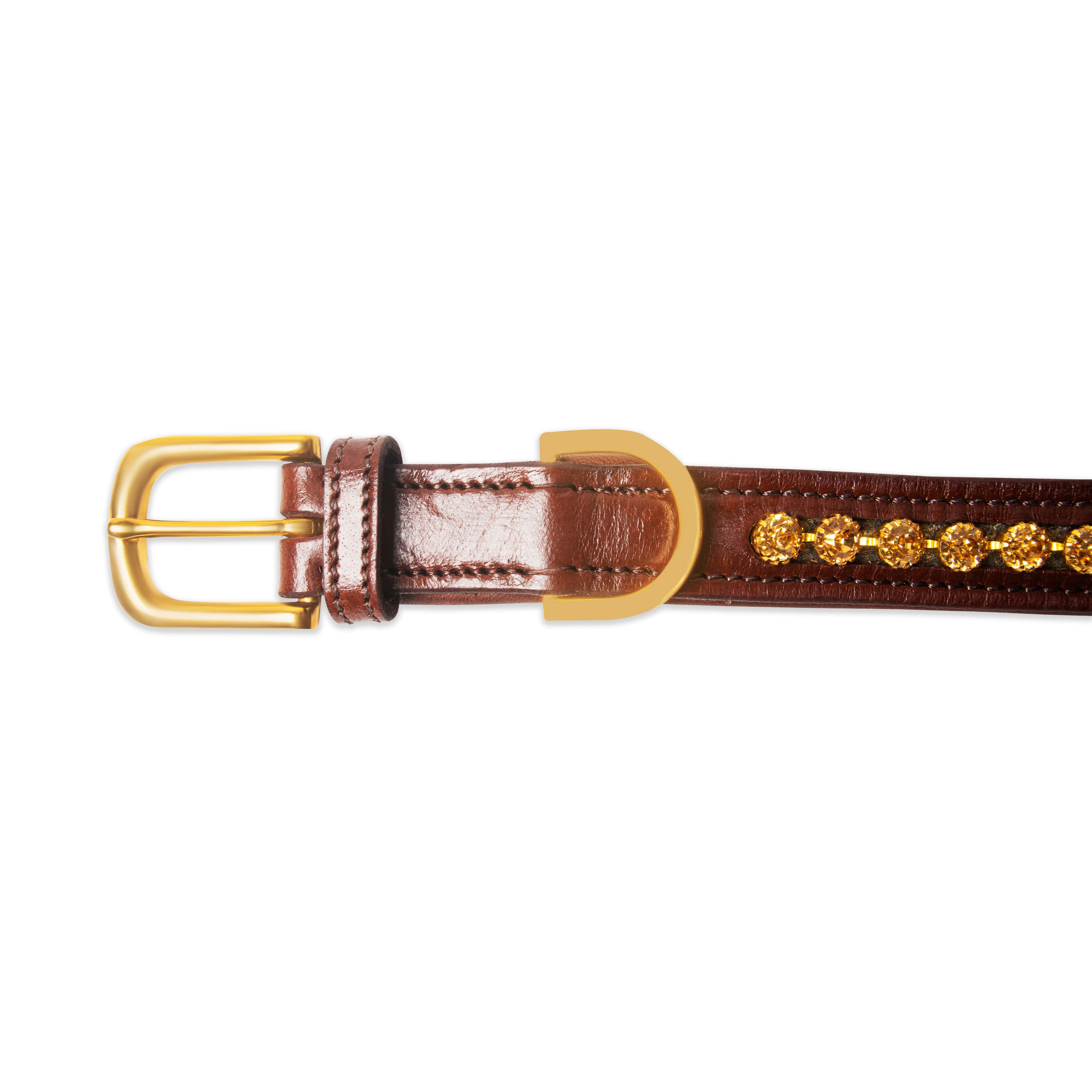 Brown leather belt with gold buckle and decorative chain on a white background