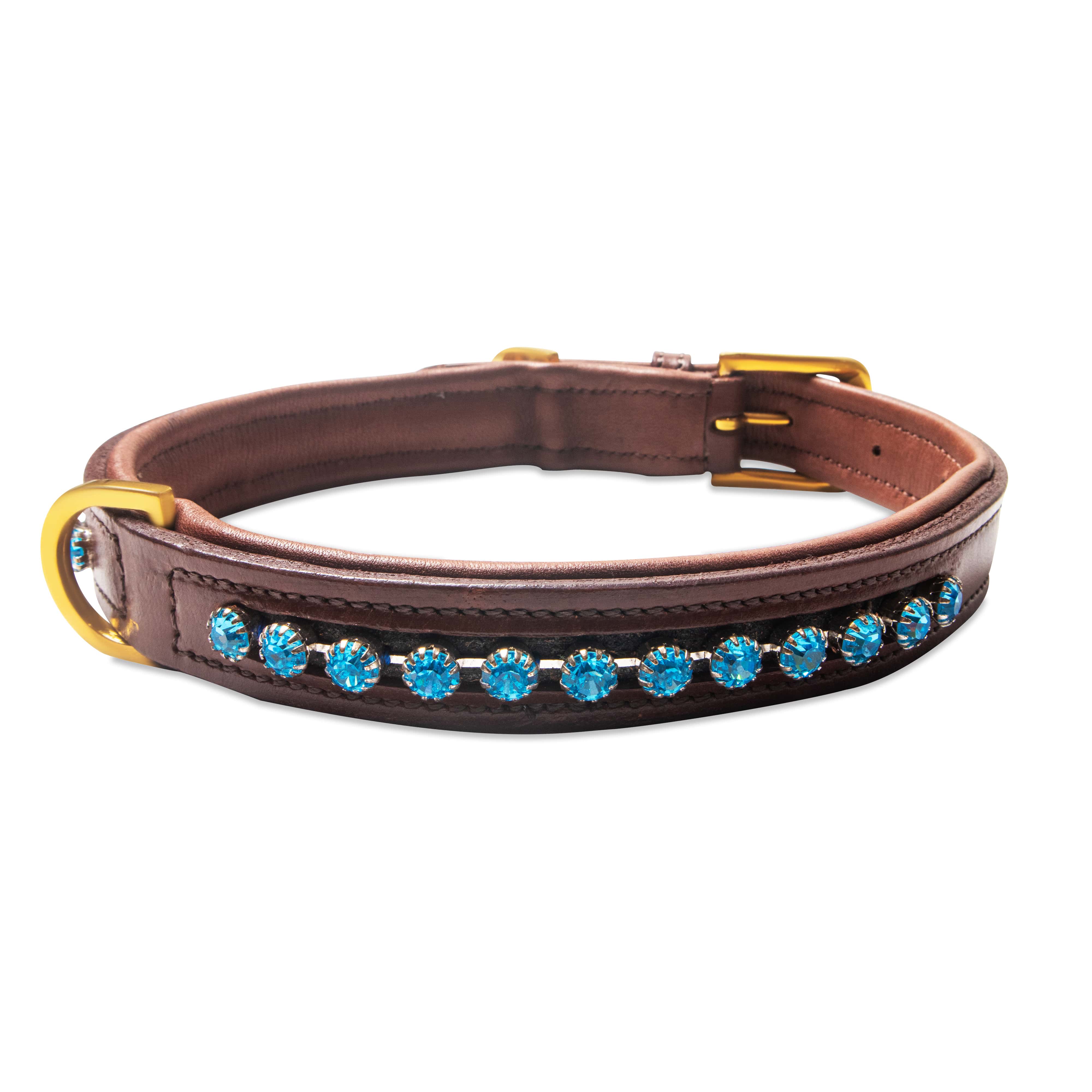 Brown leather dog collar with blue gemstones on a white background