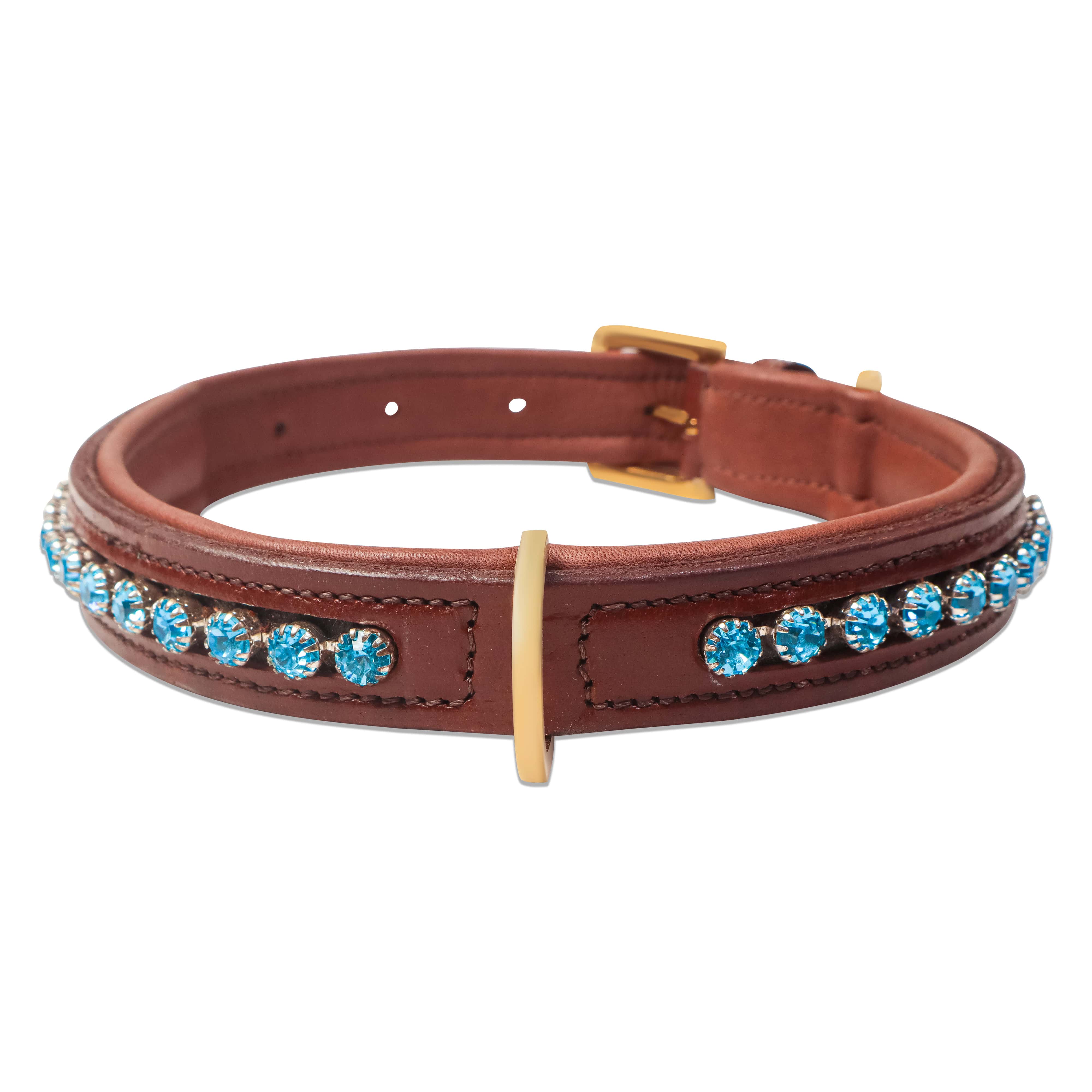 Brown leather dog collar with blue gemstones on a white background