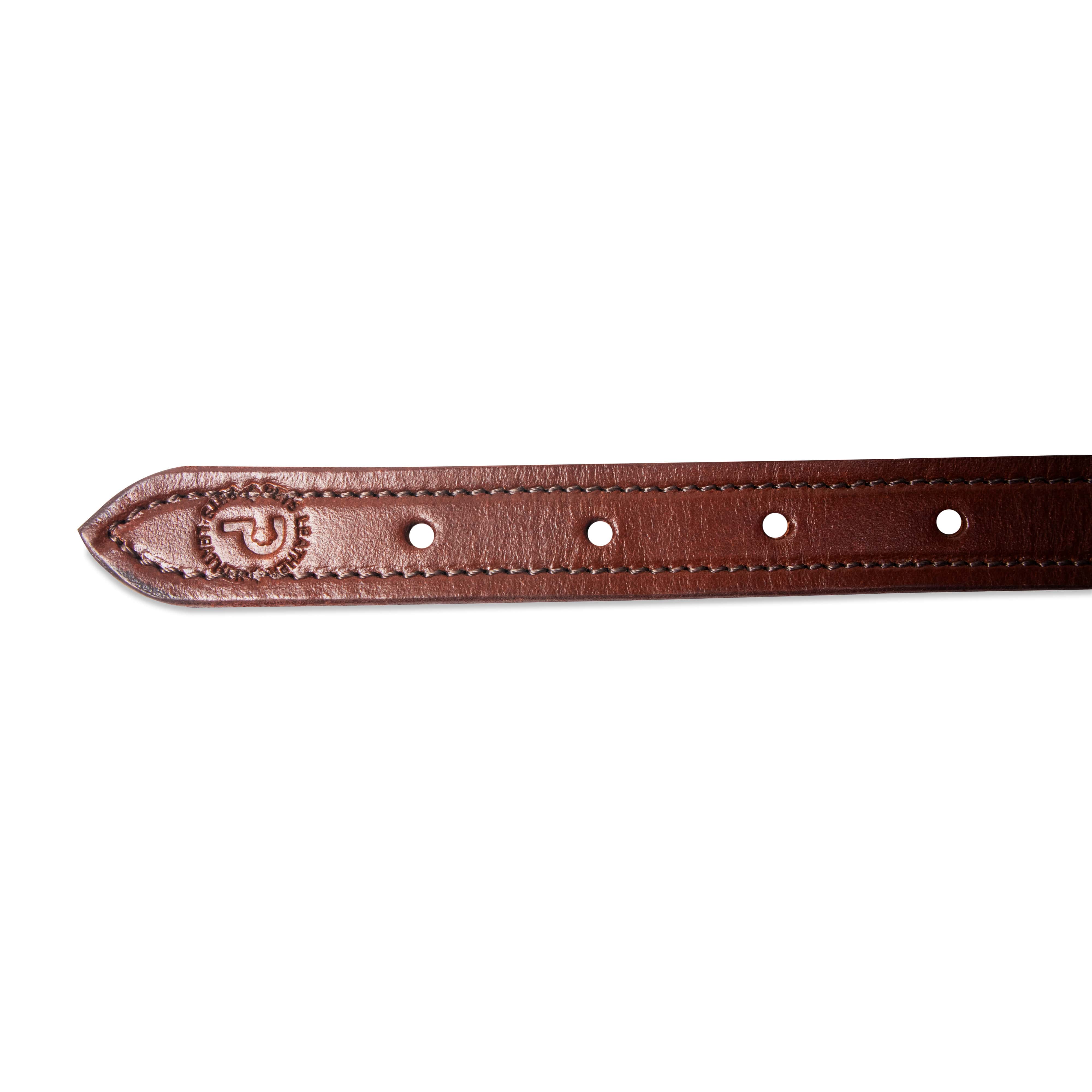 Brown leather belt with a brand logo on a white background