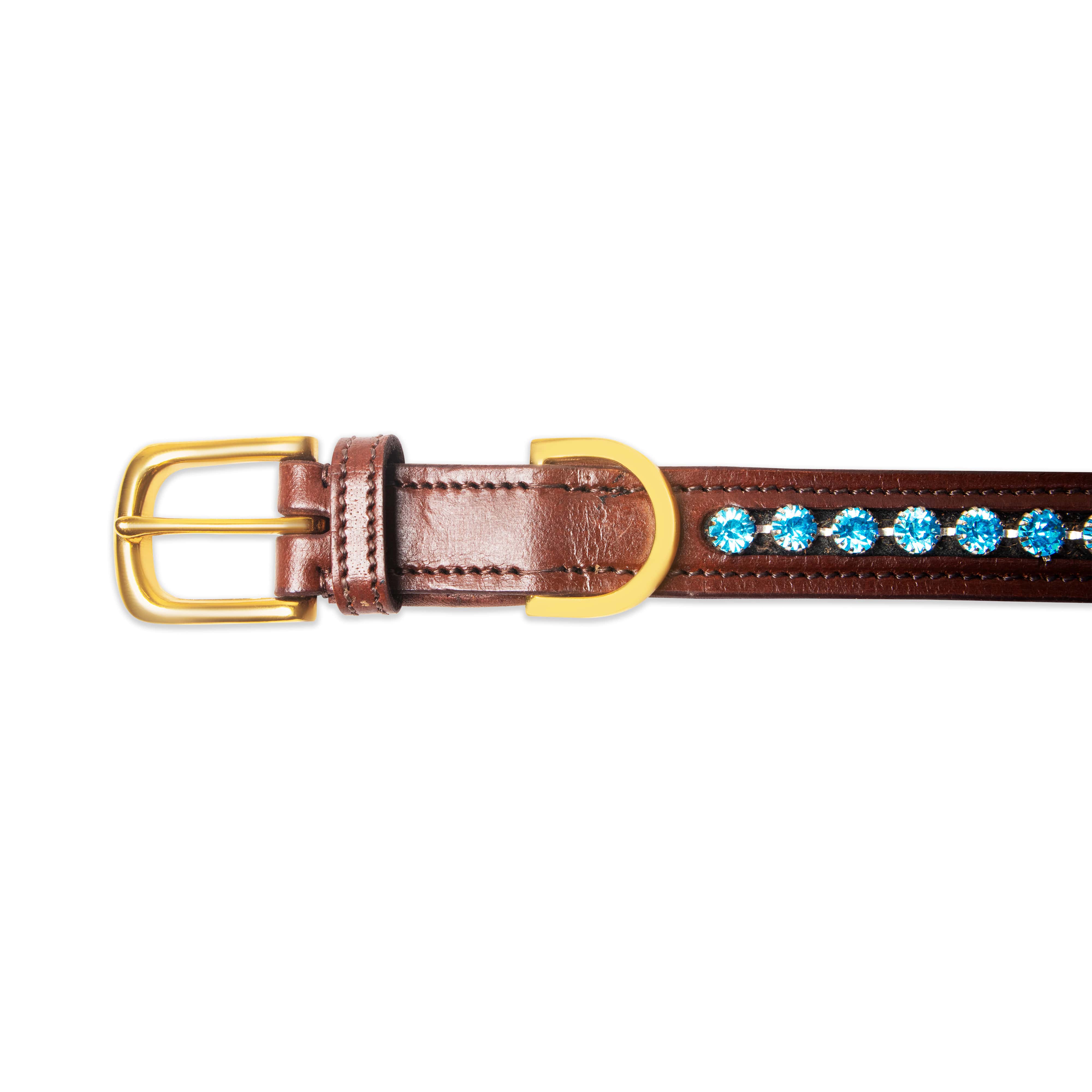 Brown leather belt with gold buckle and blue gemstones on a white background