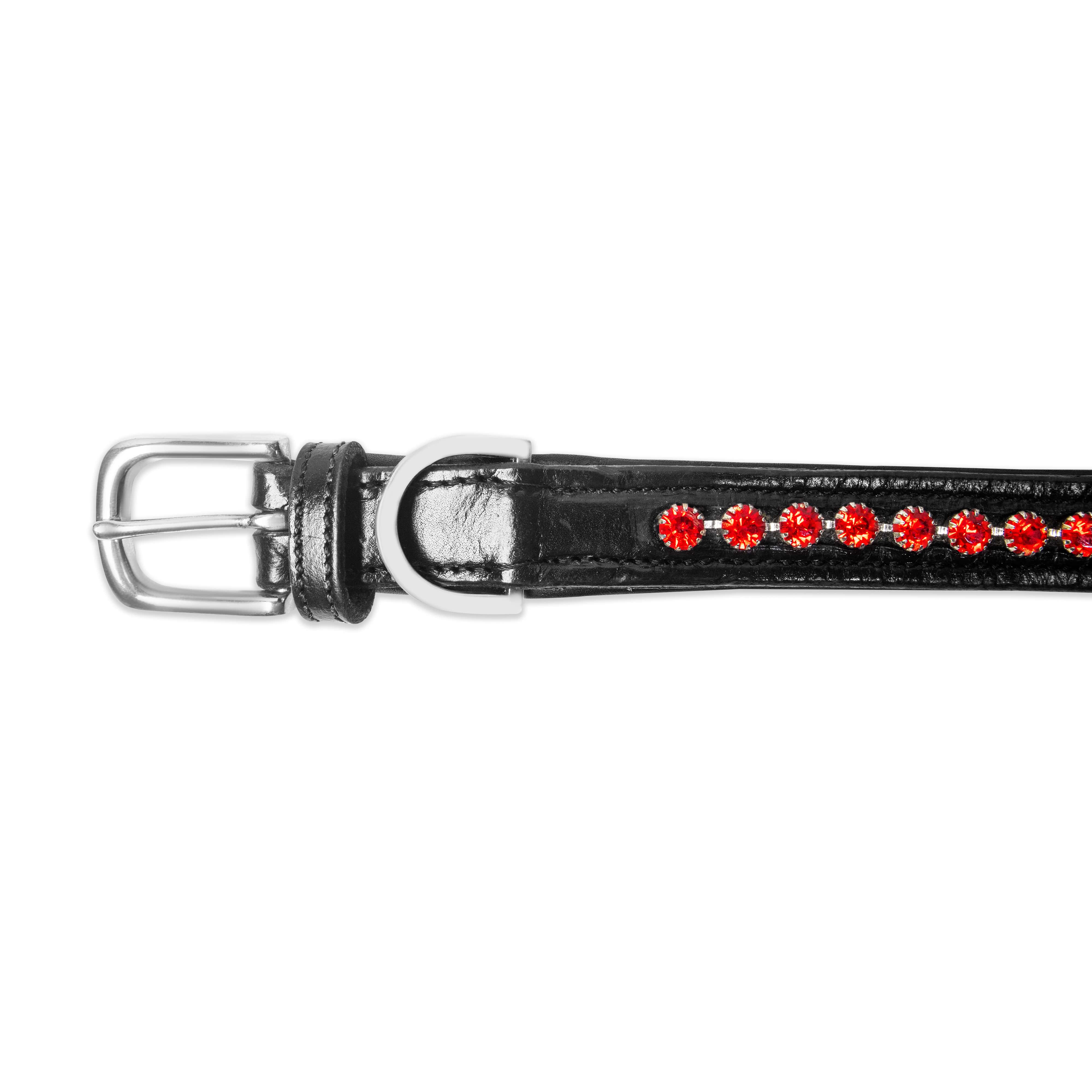 Black leather belt with red gemstones and silver buckle on a white background