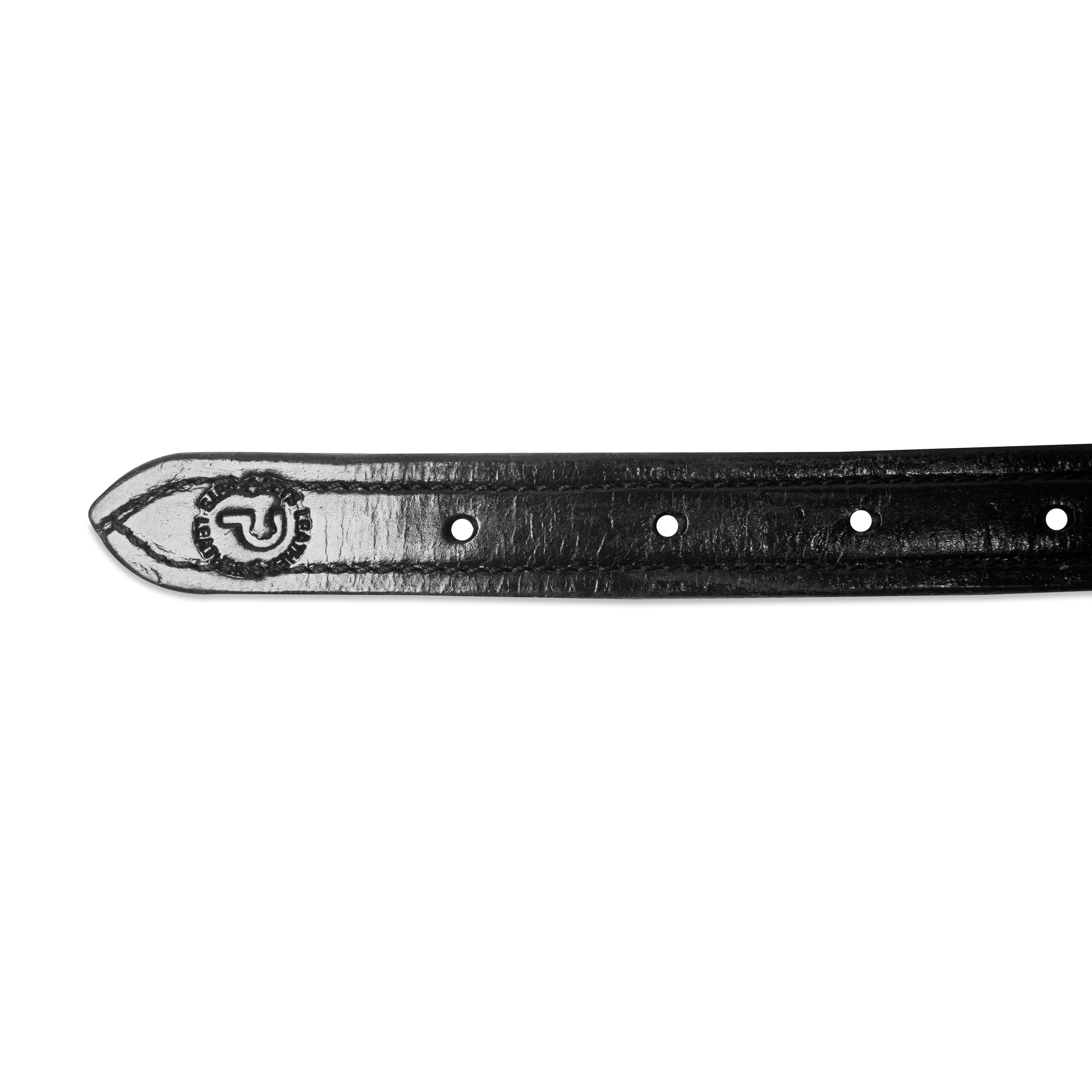 Black leather belt with metal buckle on a white background