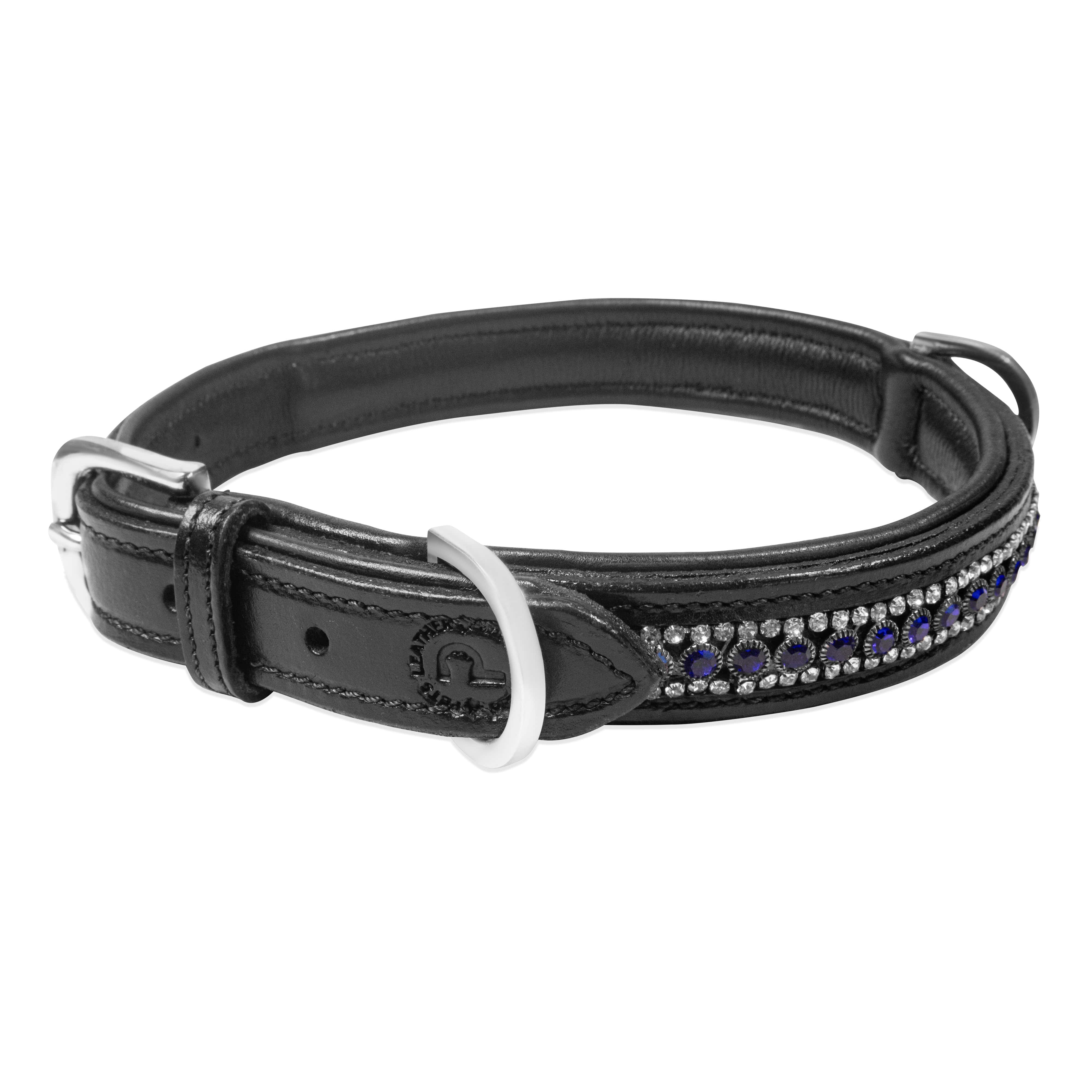 Black leather dog collar with decorative blue stones on a white background