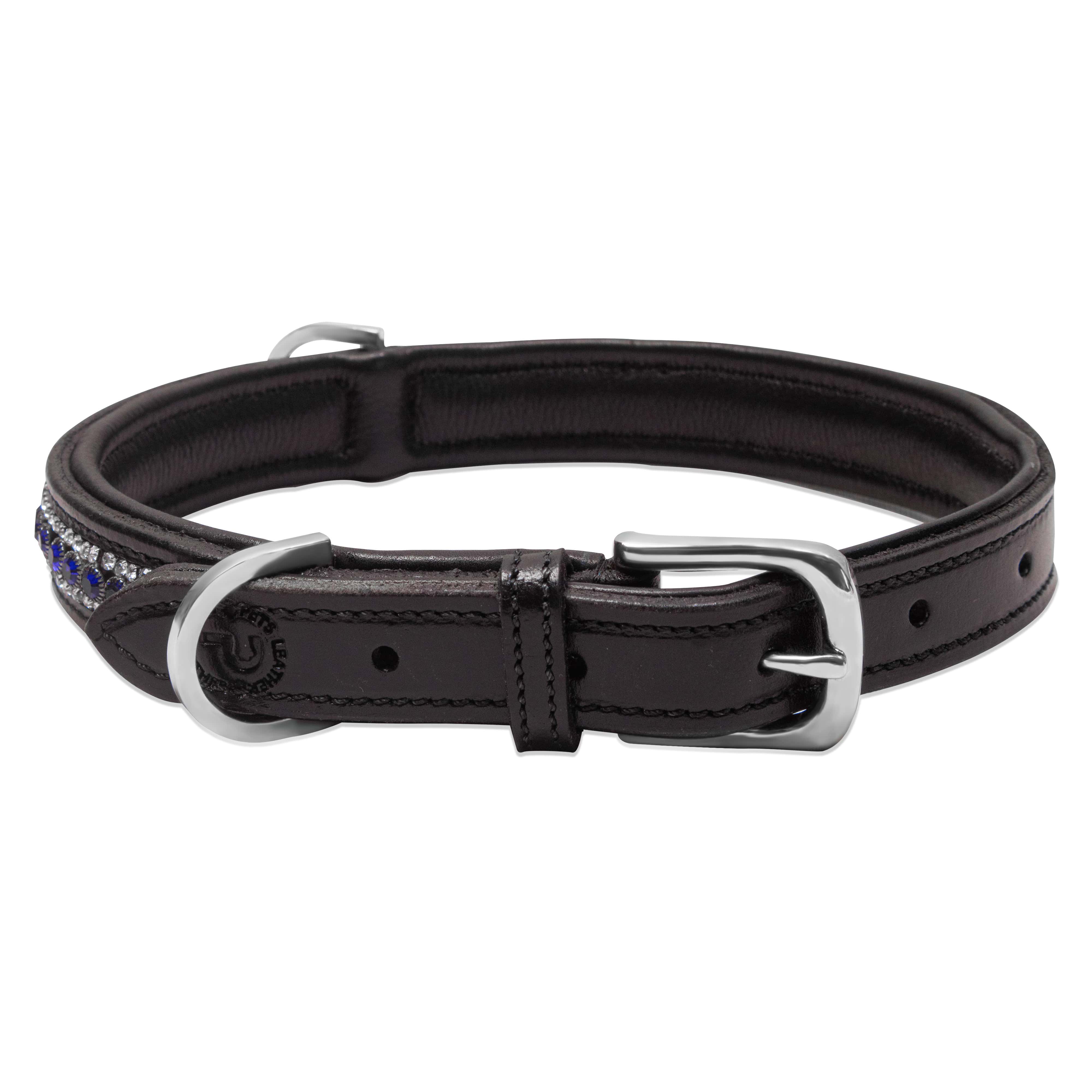 Black leather dog collar with silver buckle on a white background