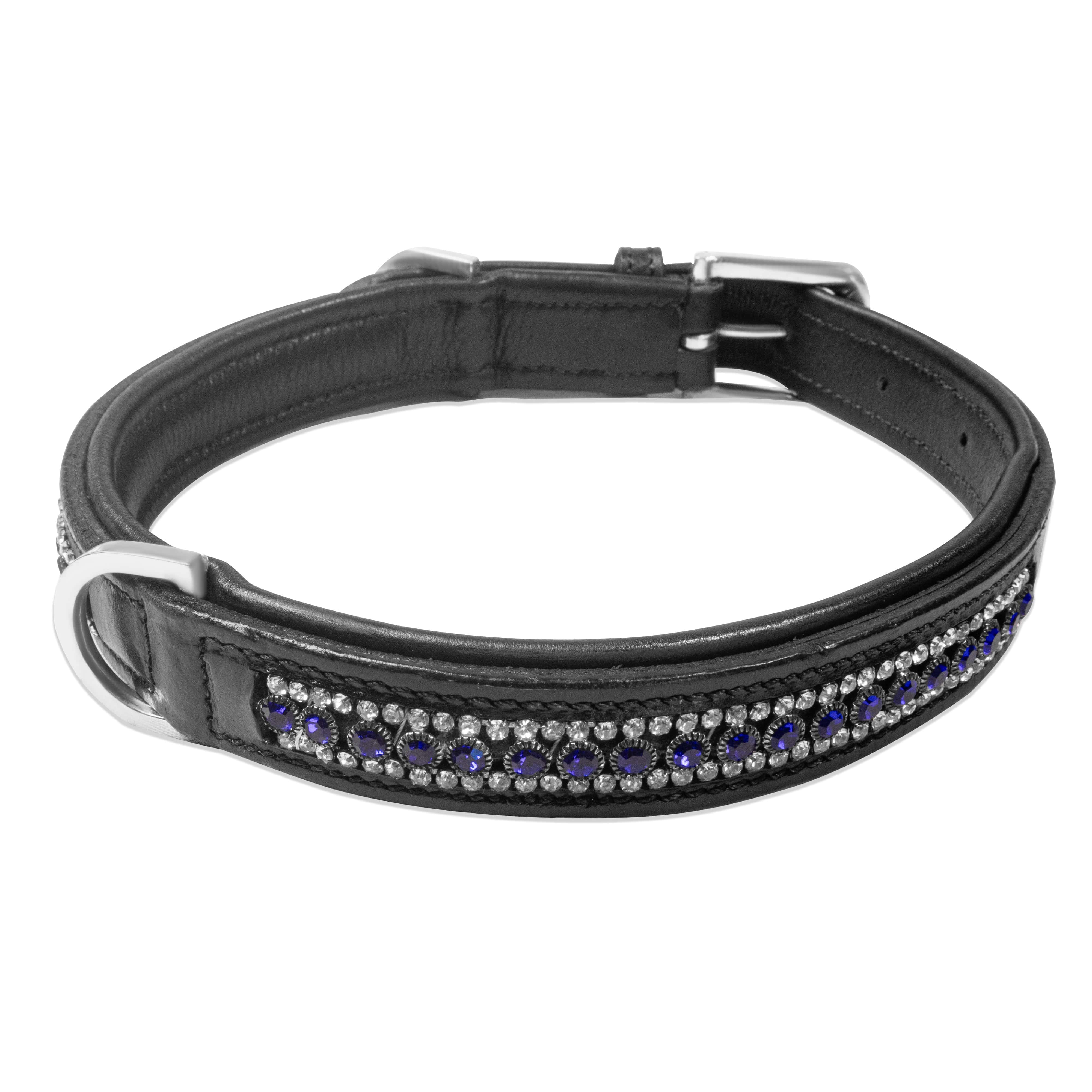 Black dog collar with blue gemstones on a white background