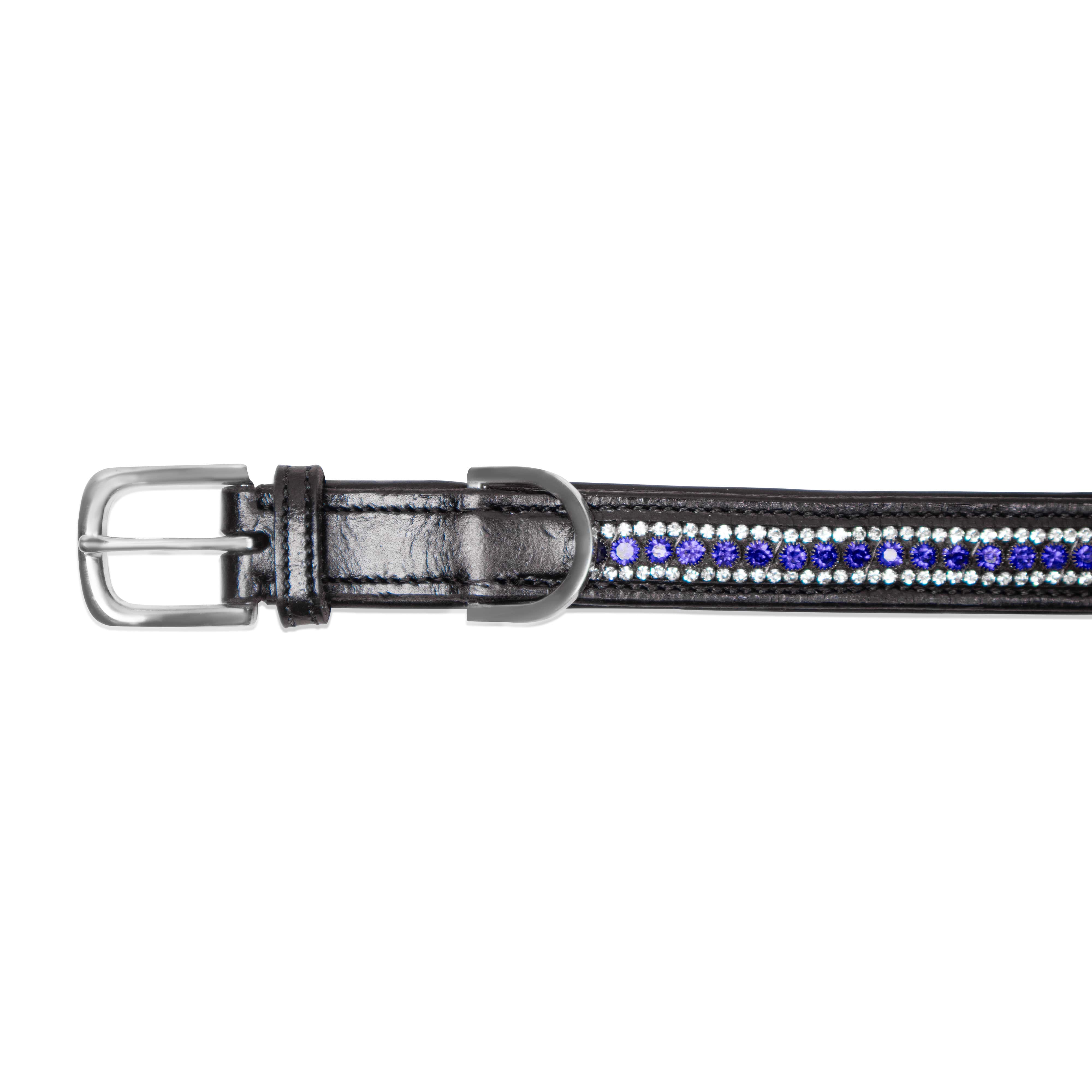 Black leather belt with silver buckle and blue gemstones on a white background