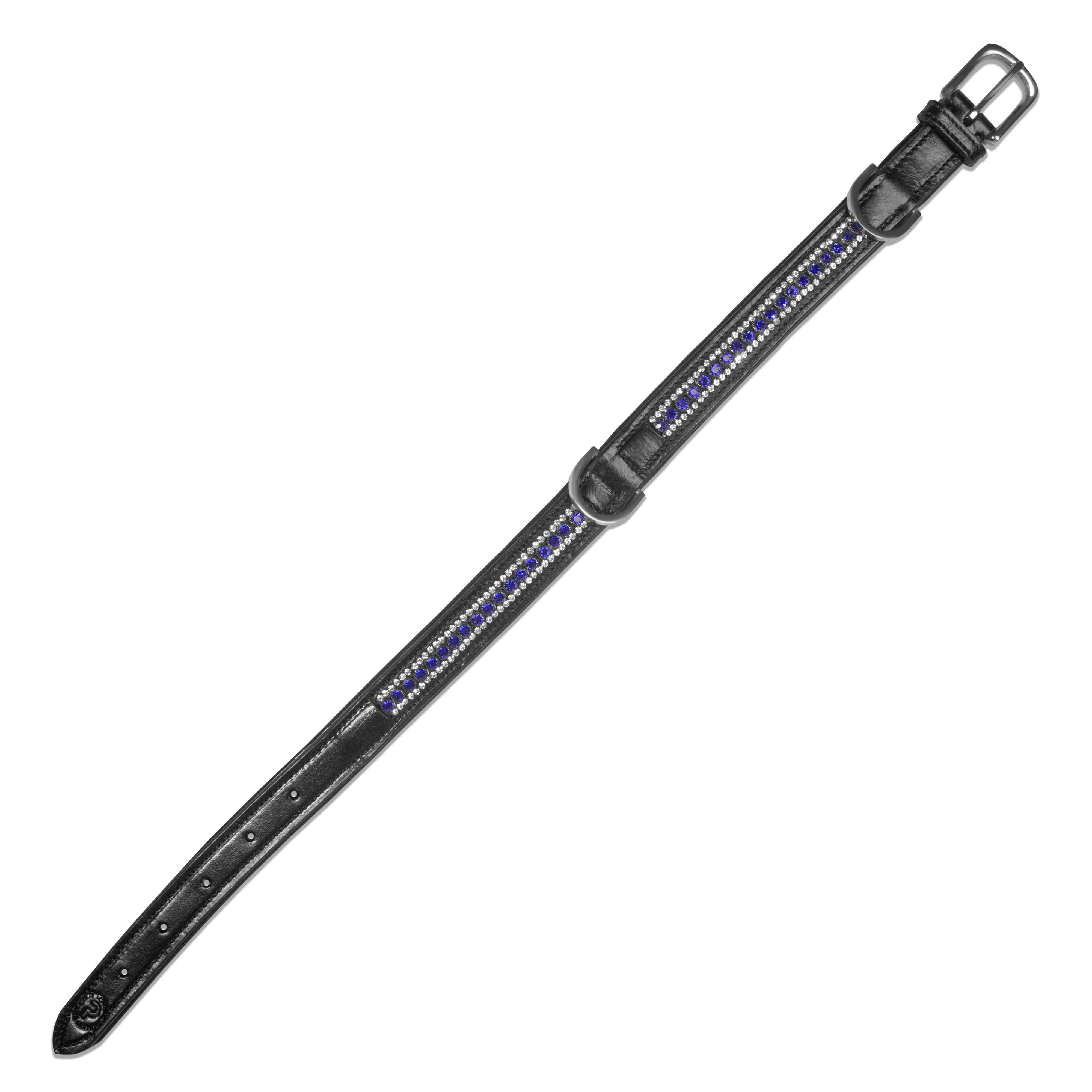 Black leather belt with decorative elements on a white background