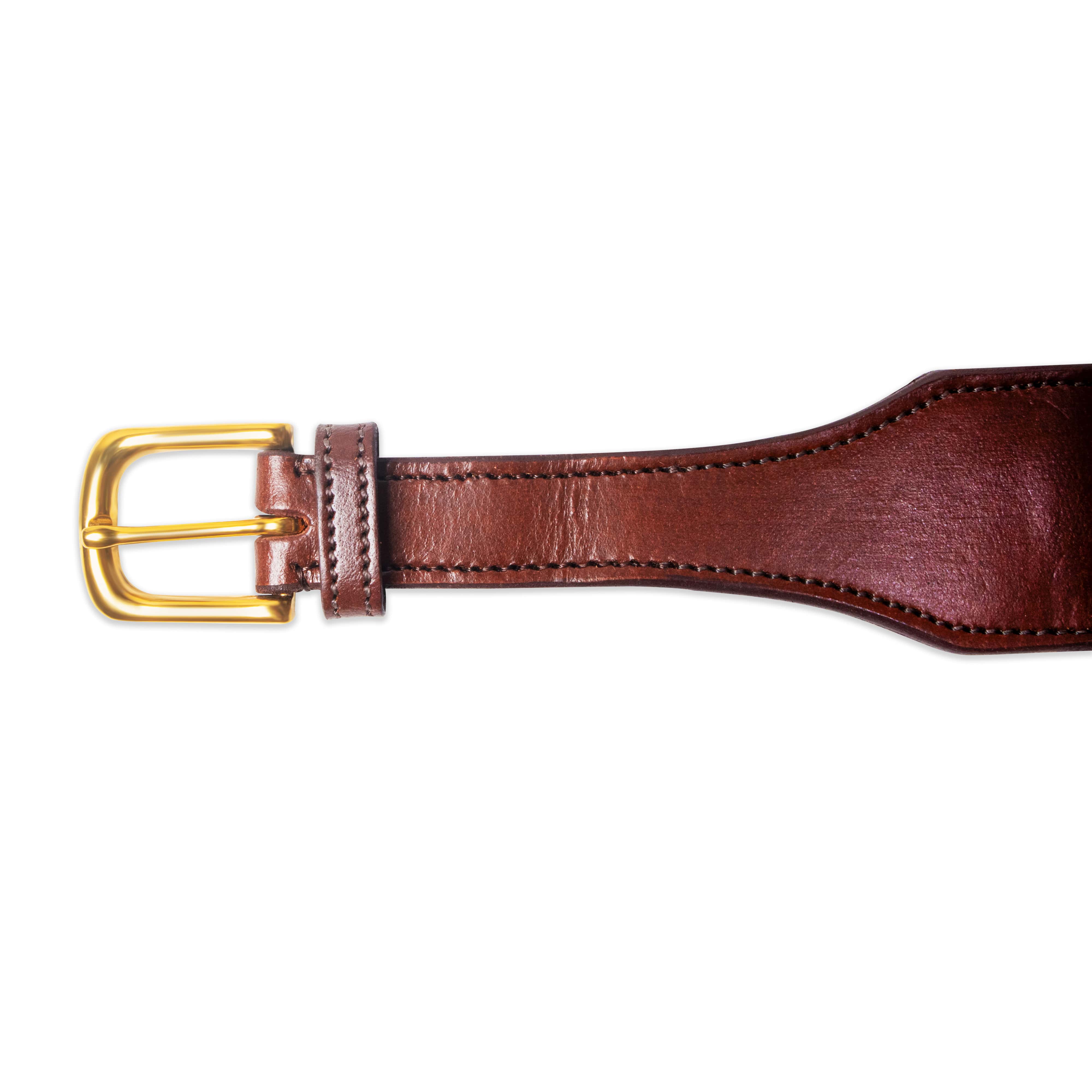 Brown leather belt with a gold buckle on a white background