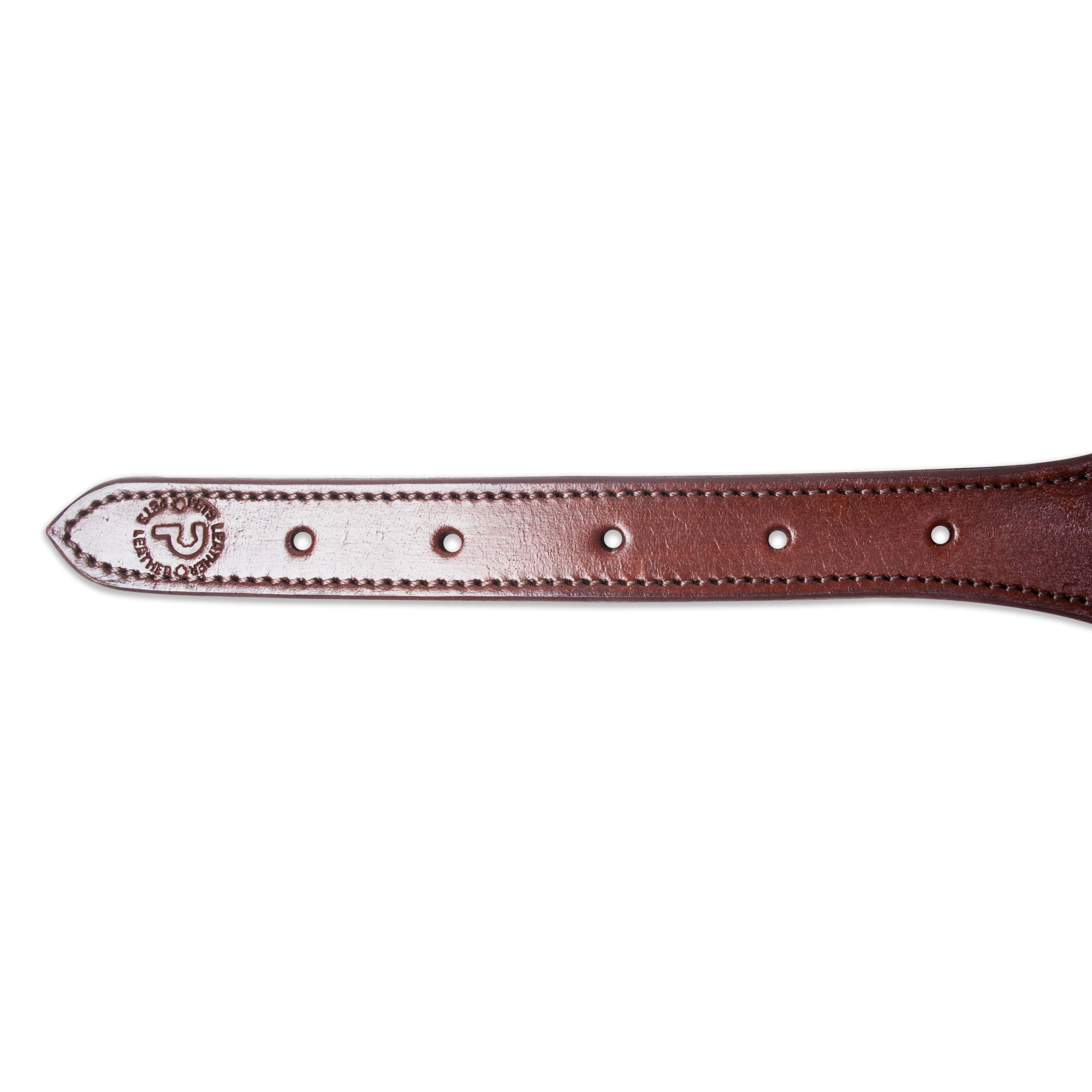 Brown leather belt with silver buckle on a white background